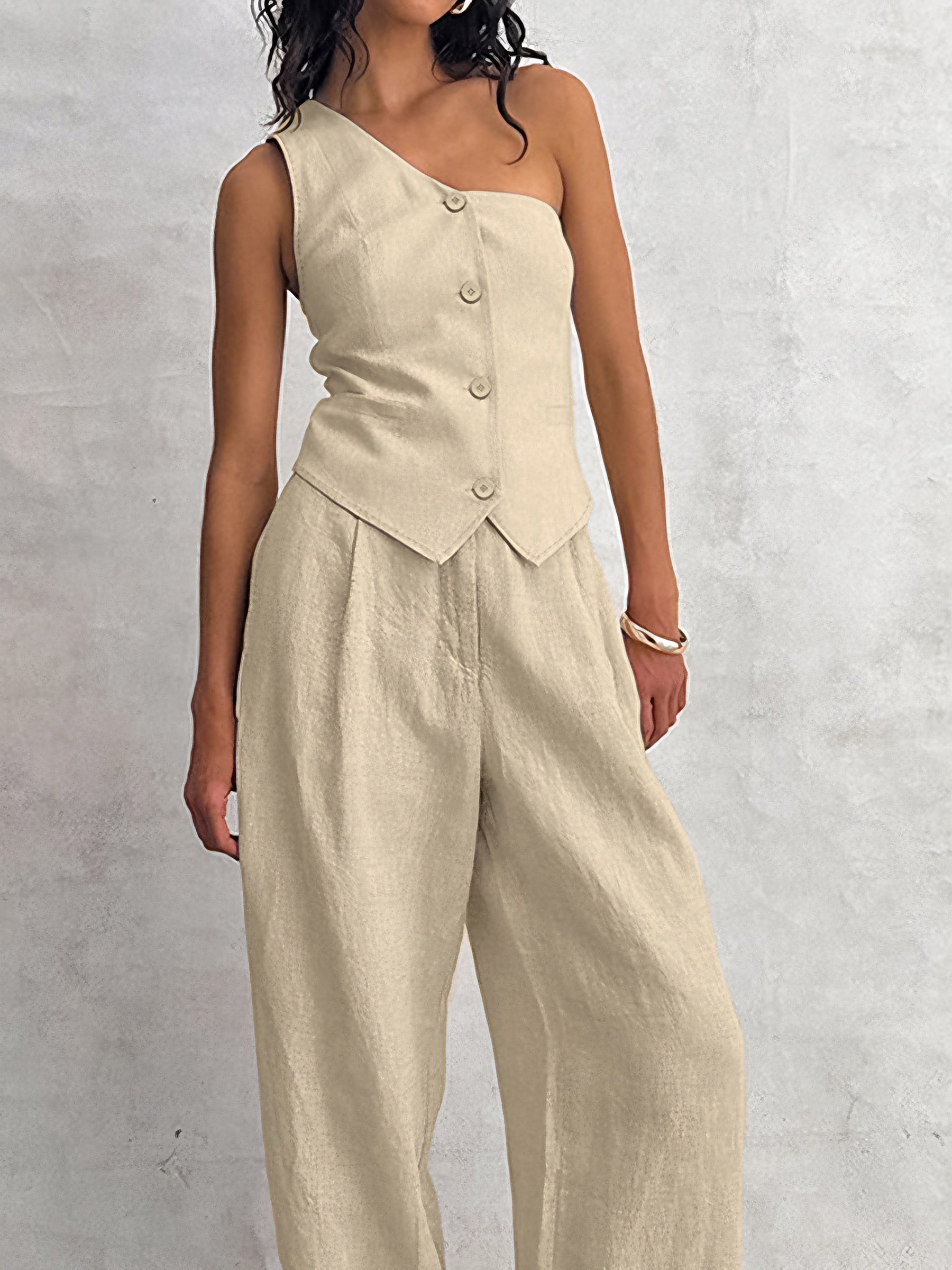 HauteParis™|Aveline – Ensemble en lin avec top asymétrique et pantalon large